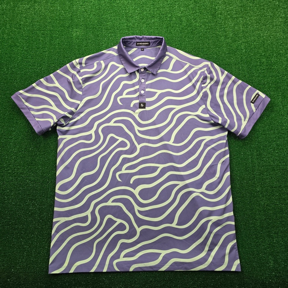 BYRDGANG Golf‎ Polo Shirt Mens XL Groovin Mint Purple Performance Abstract AOP